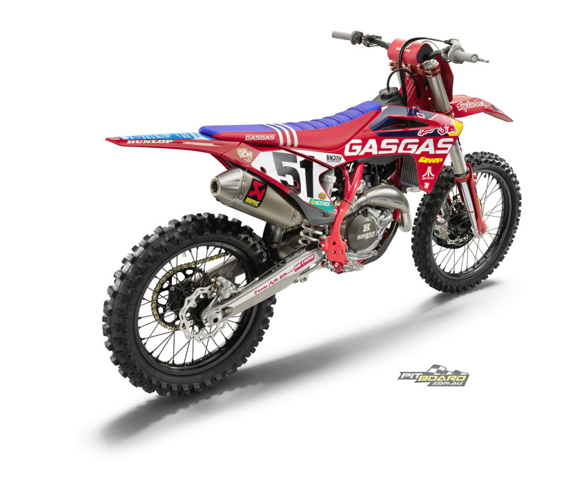 "For improved handling, the MC 450F Troy Lee Designs motocross bike features firmer WP XACT suspension settings."