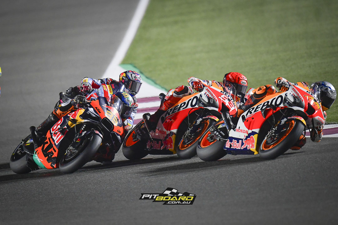 Marc Marquez got the holeshot and Ducati pole man Martin had a shocker but it was soon a battle between the Repsol teammates and Binder on the KTM.