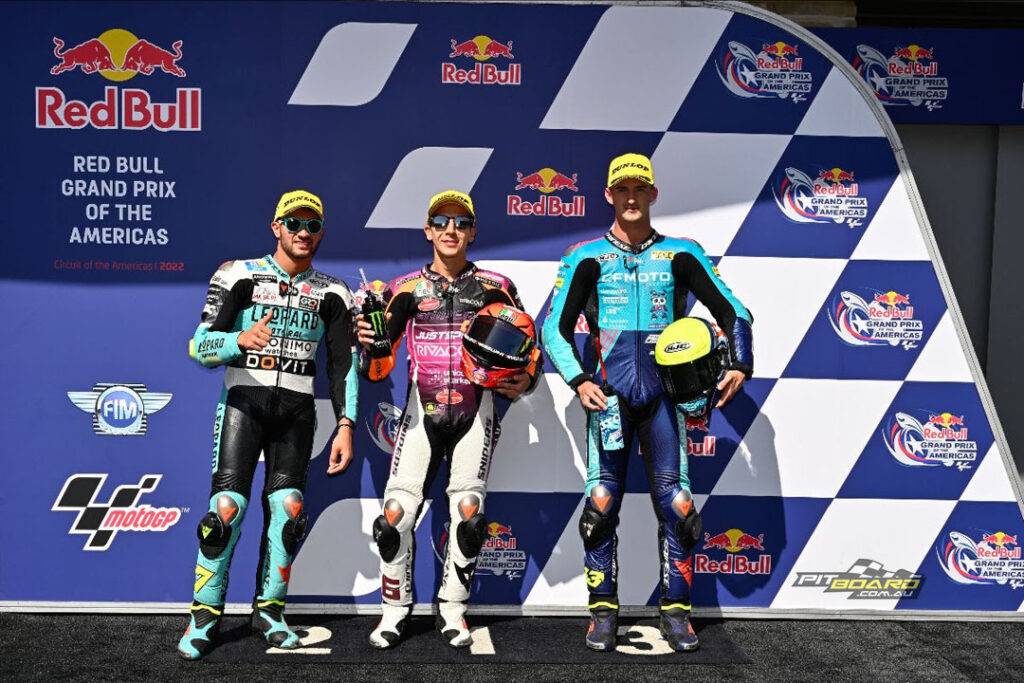 The Moto3 Grid with Andrea Migno taking pole in front of Dennis Foggia and Xavier Artigas...