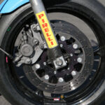 GSX-R1000 3.5 x 17in front wheel, GSF650 5.0 x 17 rear wheel, Pirelli slicks, Manta rotors.