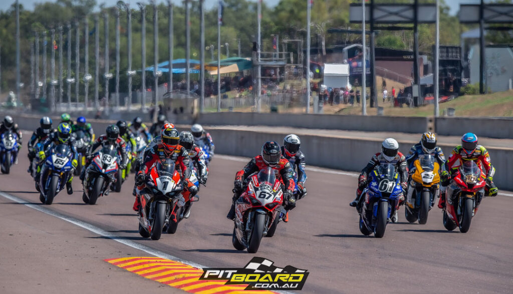 Maxwell, Waters, Staring, Jones, Sissis, Herfos and Falzon into turn one off the start of race one, round four, ASBK.