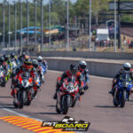 Maxwell, Waters, Staring, Jones, Sissis, Herfos and Falzon into turn one off the start of race one, round four, ASBK.