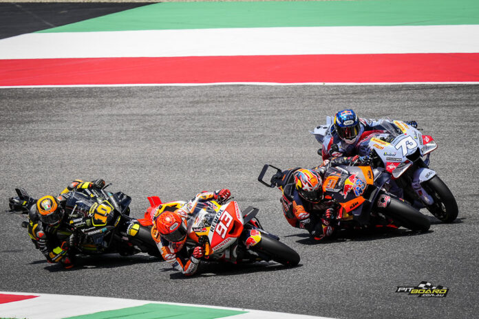 As ever, Marc Marquez was on the absolute limit of his Honda machine. But it wasn’t quite enough at Mugello as the Spaniard ran wide at the final turn and crashed out on the dirty part of the tarmac with 17 laps remaining.