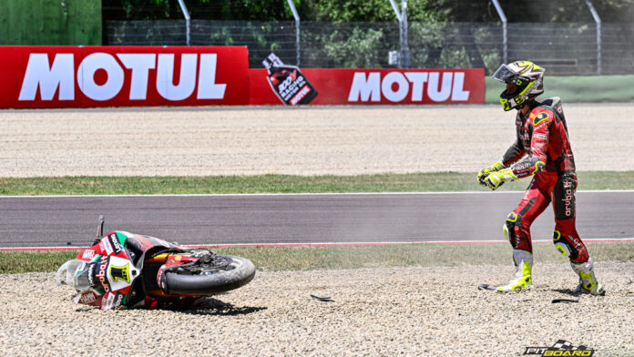 Bautista got the holeshot in the shortened 15-lap race, but his race unravelled as soon as it started. He came off his Panigale V4 R at Turn 3 and into the gravel, ending his run of feature length wins in 2023.