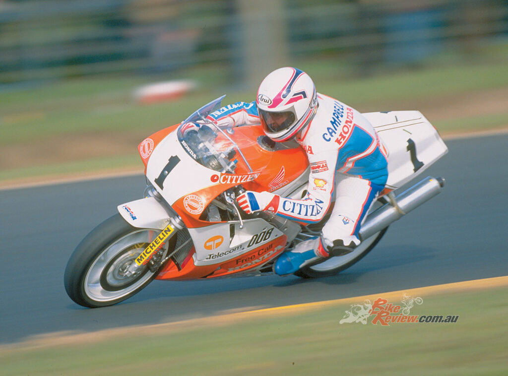 Mal Campbell at Phillip Island on the Honda RC30.