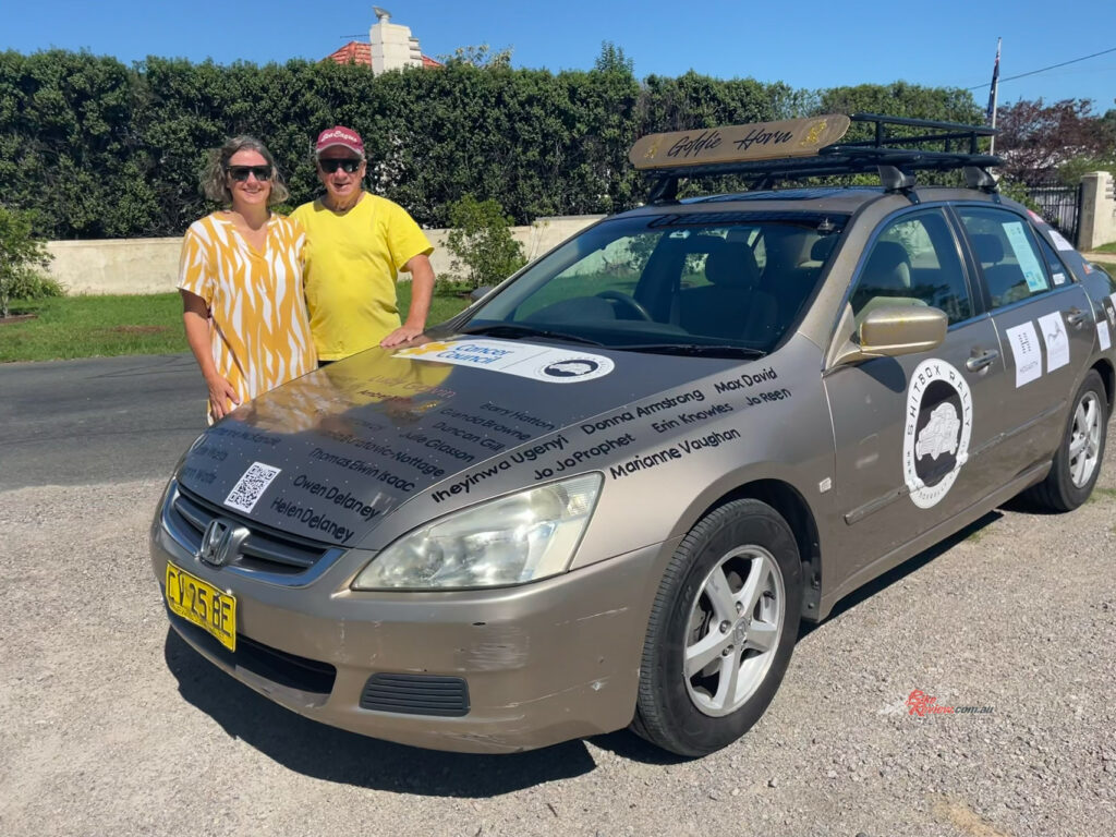 Tony Hatton and Peta Isaac with their 2004, 260,000km 10-owner Honda Accord, Goldie Horn, which will take them from Melbourne to Alice Springs. You can help them raise money for Cancer by attending their Garage Sale on Saturday March 23 or Sunday March 24!