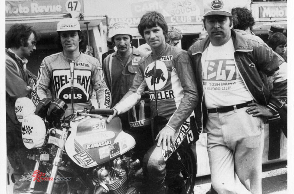 Tony Hatton and Graeme Crosby with the Yoshimura Kawasaki Endurance Racer at the Bol d’Or 24-hour, Le Mans , 1977. They held 7th place until the bike stopped. Hatto is now swapping two wheels for four in the Shitbox Rally.